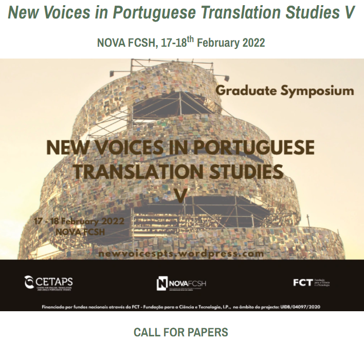 Sobre uma imagem da torre de babel, est`ao escritas as palavras New Voices in Portuguese Translation Series V